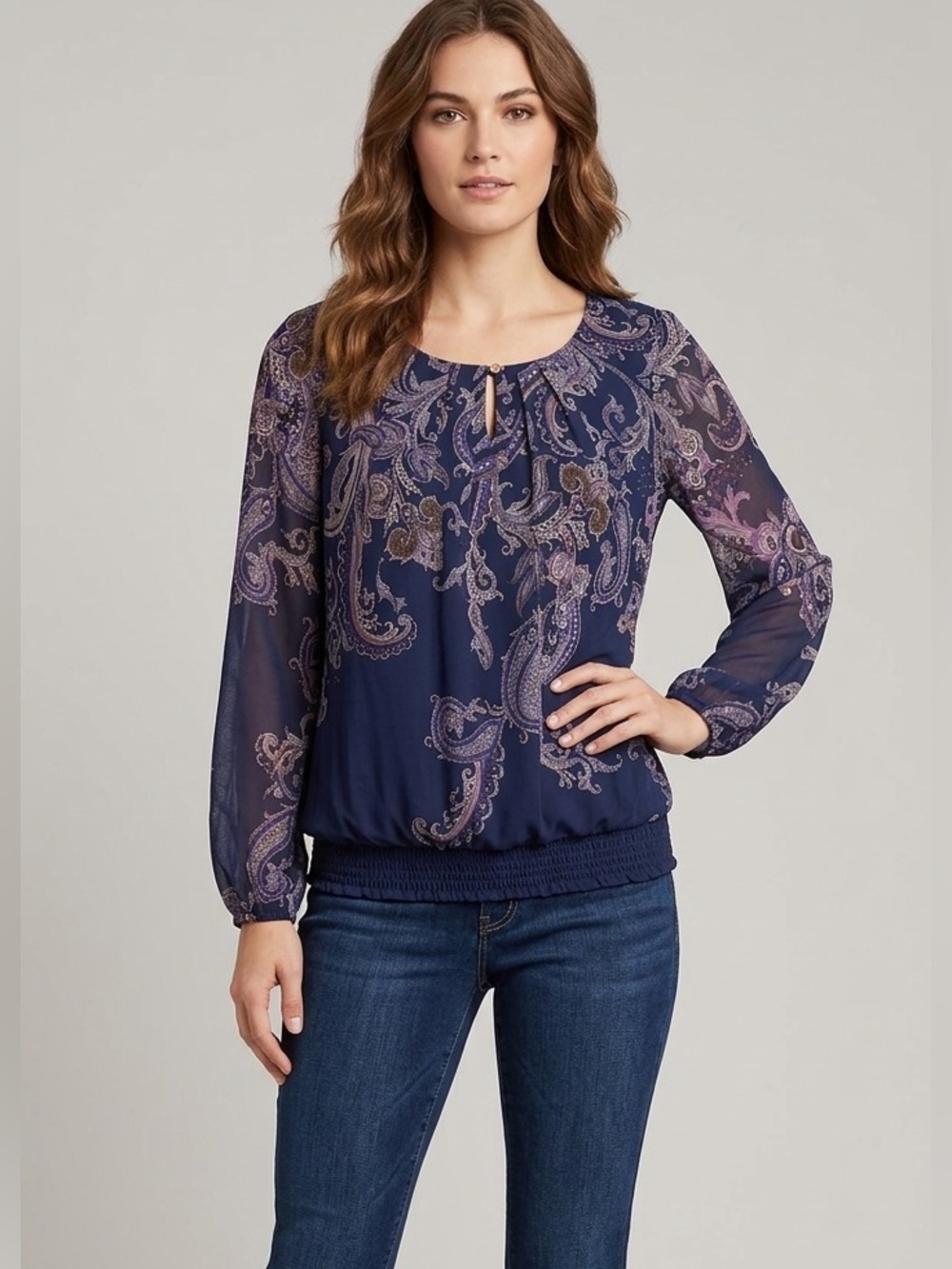 Dressbarn Navy and Purple Paisley Long Sleeve Blouse Size Small Lined Banded